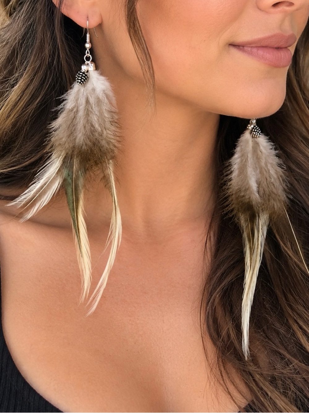 Natural Brown & Cream Feather Drop Earrings — Lightweight Boho Style